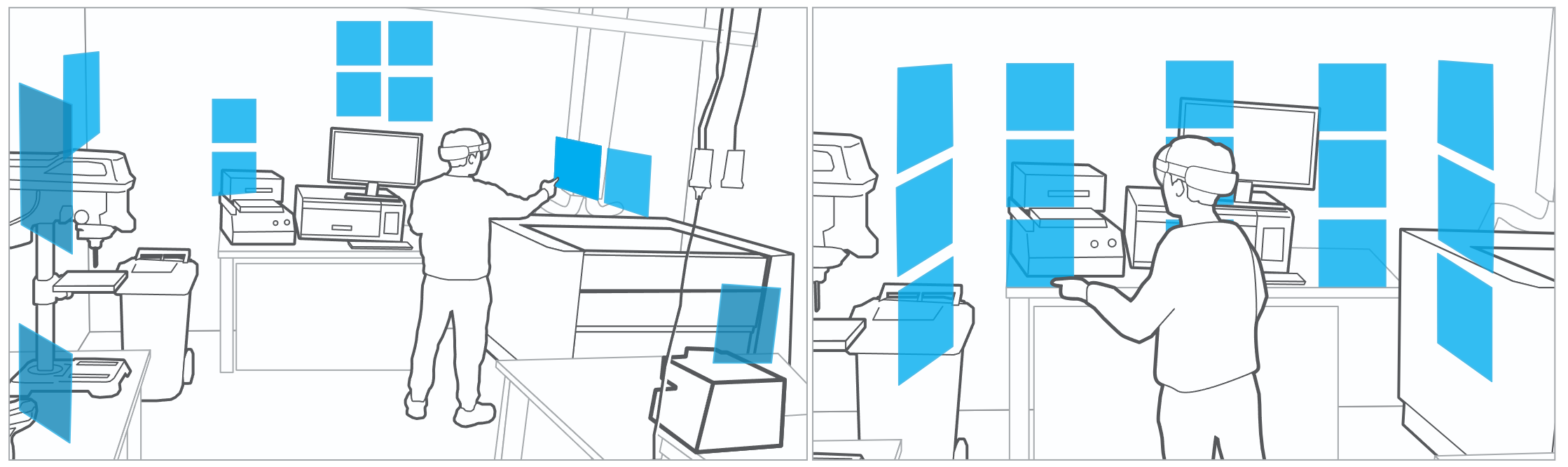 Two scenarios in which virtual views are overlaid on the physical environment.